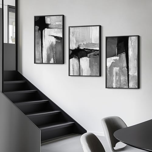 Large Framed Black and White Gray Abstract Wall Art Set, 3 Piece 24x36 Inch - Image 2