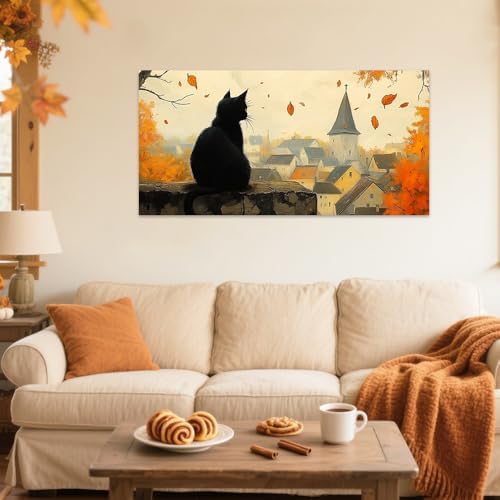 SWQYLB Autumn Pictures Wall Art Black Cat Fall Decor Halloween Animal Canvas - Image 4