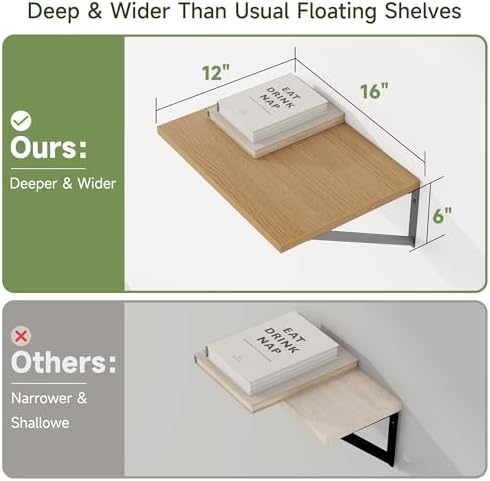 Heimlove 16W x 12D Deep Floating Shelves Set of 4 Oak - Image 4