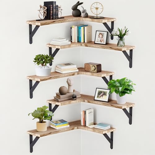 Set of 5 Corner Floating Shelves, Rustic Wood Shelve, Light Brown by RAIHOMKIT