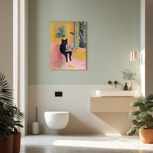 Cyebmo Funny Bathroom Wall Art, Cute Black Cat Sitting on Toilet Reading - Image 3