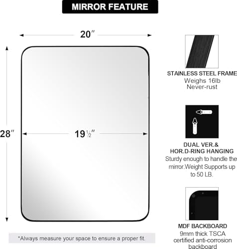 ANDY STAR Wall Mirror for Bathroom, 20”x28” Black Bathroom Mirror, Rounded - Image 2