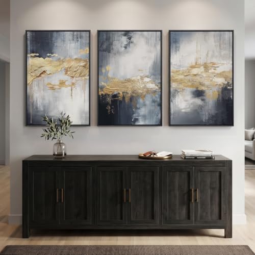 Large Framed Blue and Gold Abstract Wall Art - Image 3