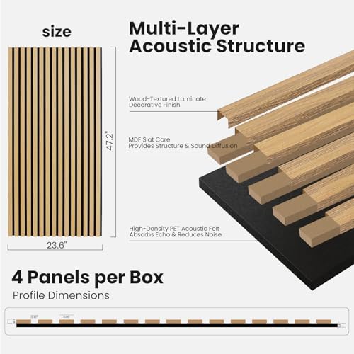 Wood Slat Acoustic Wall Panels Fluted, 4 Pack 47.2"x23.6" Oak - Image 6