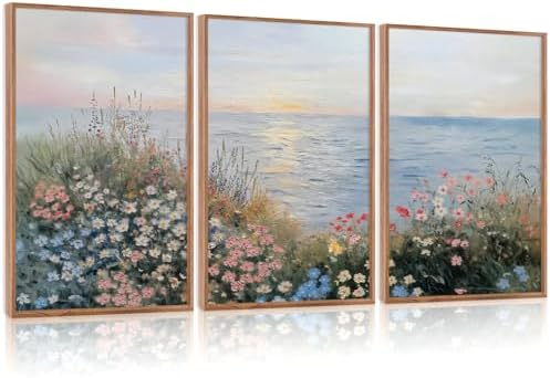 CHDITB Seaside Floral Framed Canvas Wall Art Set, Nature Inspired Ocean View by CHDITB