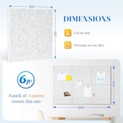 DOLLAR BOSS Felt Cork Board Tiles 6 Pcs 12"x12" Bulletin Board, Light Grey - Image 2