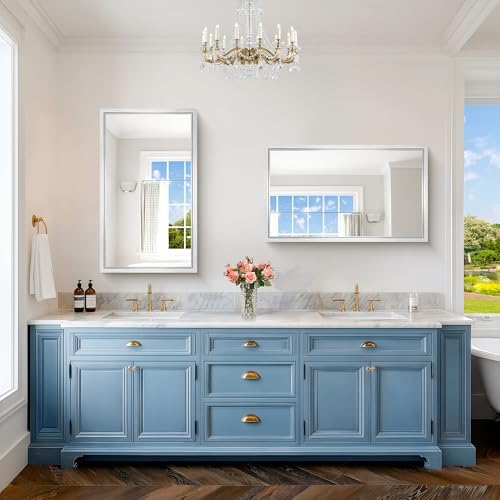 24 x 40 inch Brushed Silver Bathroom Mirror, Metal Framed Rectangle Mirror - Image 3
