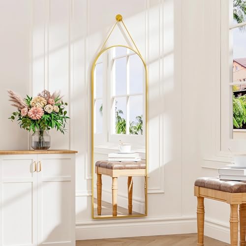 Dewfig 48"x16" Arched Full Length Mirror, Wall Mirror, Leather Strap by YourSpacePerfectlyReflected