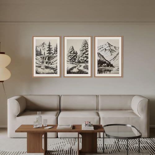 Vintage Sketch Pine Tree Mountain Framed Canvas Wall Art Set- 16"x24"x3 - Image 2