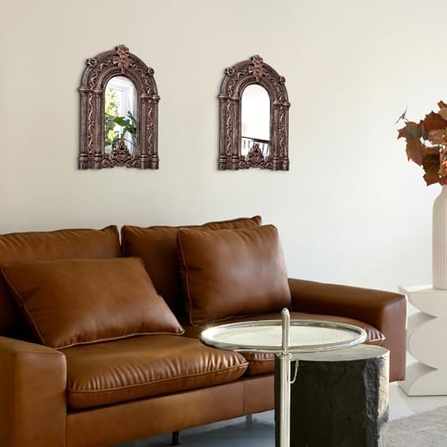 2 Set Wood Carved Window Mirrors 3D Relief Arched Wall Decor Roman Column - Image 5