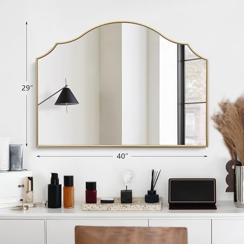 Besdomus Gold Scalloped Wall Mirror: 40"x29" Large Wooden Bathroom Mirror - Image 4
