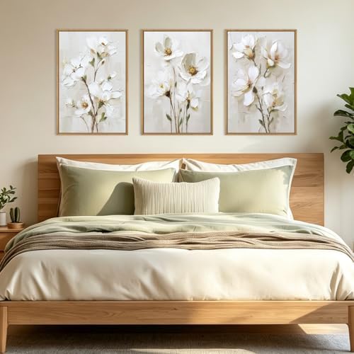 FWIEXA 3D Beige White Floral Canvas Wall Art, Neutral Flower Framed Wall Art - Image 3