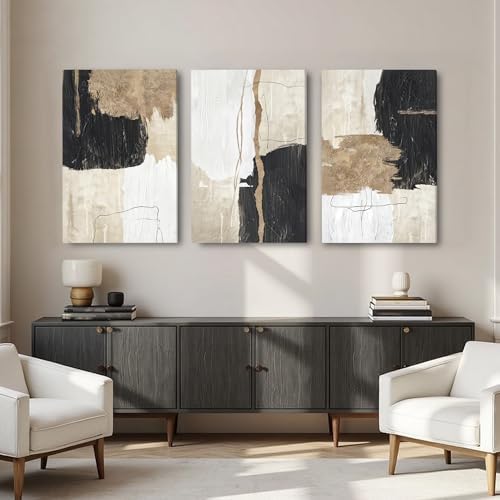 AVECCO Triptych Abstract Black Beige Gold Wrapped Canvas Wall Art 20x30 in - Image 3