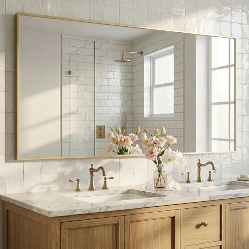 60"x30" Satin Gold Wide Bathroom Wall Mirror by Pocetry