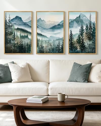 KUVIOKE Landscape Mountain Range Wall Art Set 16x24in Natural Framed - Image 2
