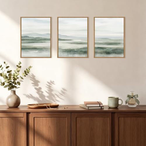 HOURIA Watercolor Misty Green Mountain Framed Canvas Wall Art Set-12"x16"x3 - Image 3