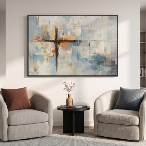 Extra Large Framed Blue Orange Abstract Cross Wall Art, Horizontal 60x40 In - Image 3