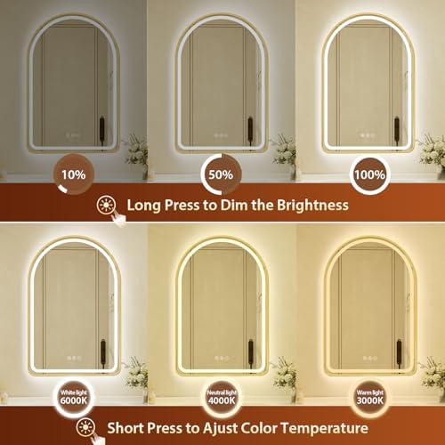 22x32 Inch Arched Gold Framed LED Bathroom Mirror - Image 3