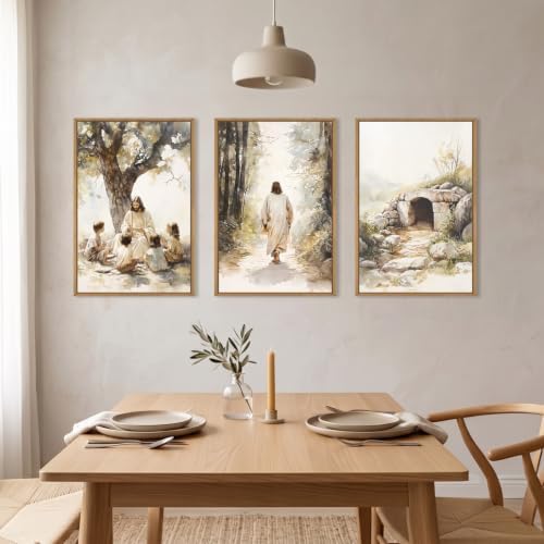 Large Jesus Teaching Children on Path Framed Canvas Wall Art, Empty Tomb - Image 3
