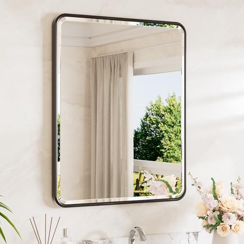 TETOTE Black Bathroom Mirror 24 x 30 Beveled Edge Tempered Glass, Rounded by TETOTE
