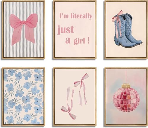 Kjarynax Blue Pink Preppy Poster Set of 6, Cute Coquette Bow Boots Wall Art by Unknown