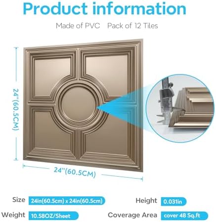 STICKGOO PVC Ceiling Tiles, Antique Gold Decorative Drop Ceiling Tiles 24 x 24in - Image 6
