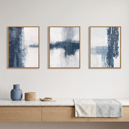 Abstract Navy Blue Grey Framed Canvas Wall Art Set, Modern Minimalist Wall Decor - Image 2