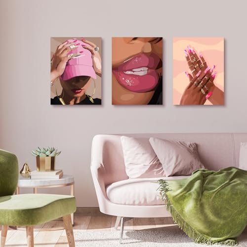 Hianan Wrapped Canvas Fashion Pink Black Girl Wall Art Set of 3, 16x24 in - Image 3