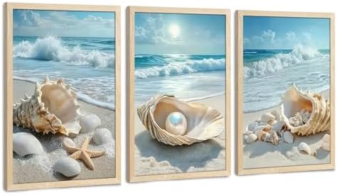 SYWENNOI Triptych Coastal Shell Pearl Framed Canvas Wall Art 16x24 inch x3 by SYWENNOICanvasWallArt
