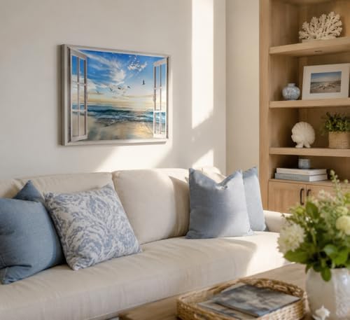 Birnsen Coastal Window Canvas Wall Art Ocean Beach Sunset Painting Picture Wall - Image 7