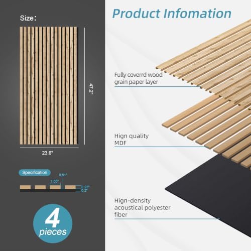 Wood Slat Acoustic Wall Panels, Warm Pine, 4 Pack, 47.2 x 23.6 in - Image 3