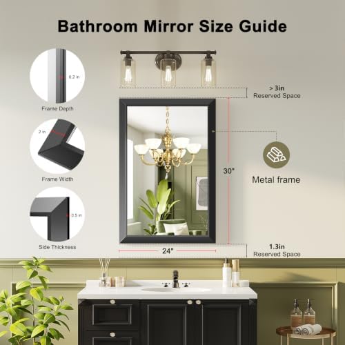 Black Bathroom Mirror for Over Sink, 24x30Inch Thick Anti-Rust Metal Frame - Image 2