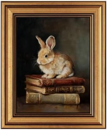 IMNTSD Framed Vintage Rabbit Wall Art, Bunny on Antique Stacked Books Still by IMNTSD