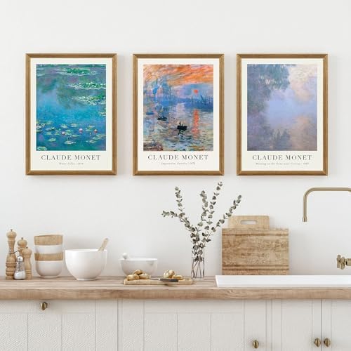 SYWENNOI Triptych Framed Claude Monet Water Lilies Canvas Wall Art 16x24 in - Image 2