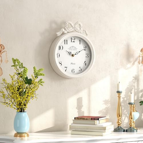 French Small Wall Clock with Bow, Vintage Ivory White Boho Style - Image 6