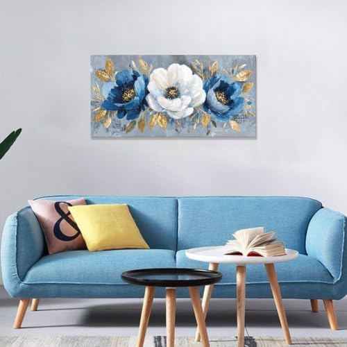 Modern Blue White Flower Canvas Wall Art - Image 4