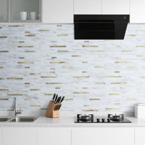 DICOFUN 20 Sheets White Marble Peel and Stick Backsplash, PVC Mixed Metal Gold - Image 6