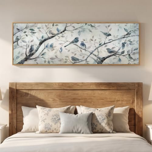 Framed Long Narrow Blue Bird Nature Landscape Horizontal Wall Art, 60x20 In - Image 4