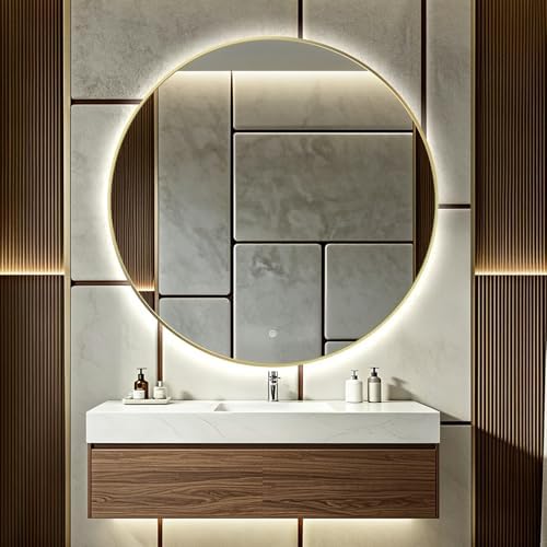 44" Round LED Bathroom Mirror, Wall Mounted Round Backlit Mirror LED Bathroom by TheiaMo