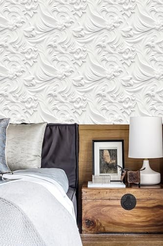 Peel and Stick Wallpaper White Gray Scroll Floral Modern - Image 6