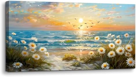 SERIMINO Sunset Landscape Wall Art, Coastal Floral Canvas Painting 20"X40" by SERIMINO