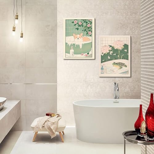Framed Japanese Bathroom Wall Art Set of 2, Funny Japanese Bathroom Frog Dog - Image 2