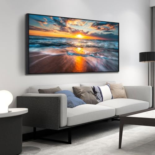 Framed Ocean Wall Art for Living Room, Large 59x29 Inches Coastal Beach Canvas by GUGIKA