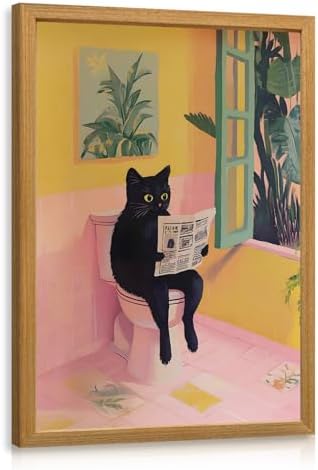 Cyebmo Funny Bathroom Wall Art, Cute Black Cat Sitting on Toilet Reading by Unknown