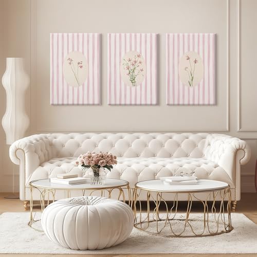 Pink Flower Wall Art Striped Floral Prints Botanical Canvas Wall Decor - Image 7