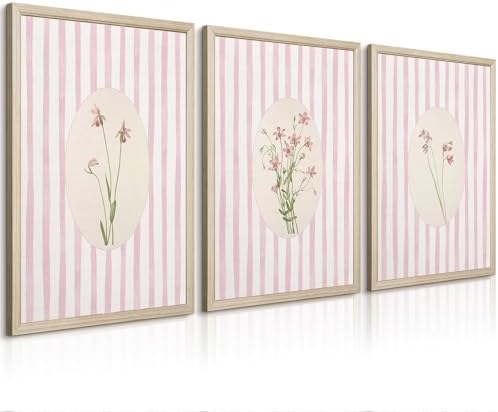 Pink Flower Wall Art Striped Floral Prints Botanical Canvas Wall Decor by Youillne