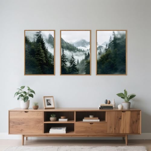 HOURIA Boho Forest Mountain Framed Canvas Wall Art Set-24"x36"x3 - Image 3