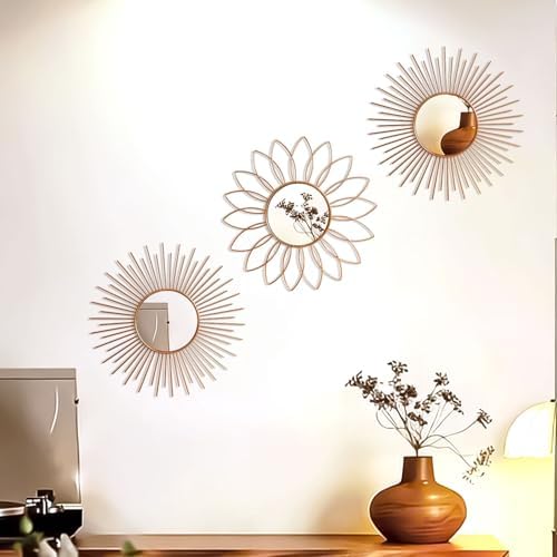 3 Pack Metal Mirrors for Wall Sunburst Wall Mirror Rose Gold Wall Art Décor - Image 3