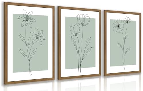 LERVR Wood Framed Minimalist Botanical Wall Art Set of 3, Modern Line Flower by Unknown