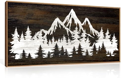 LHIUEM Large Mountain Tree Framed Canvas Wall Art, Modern White Forest Art by LHIUEM